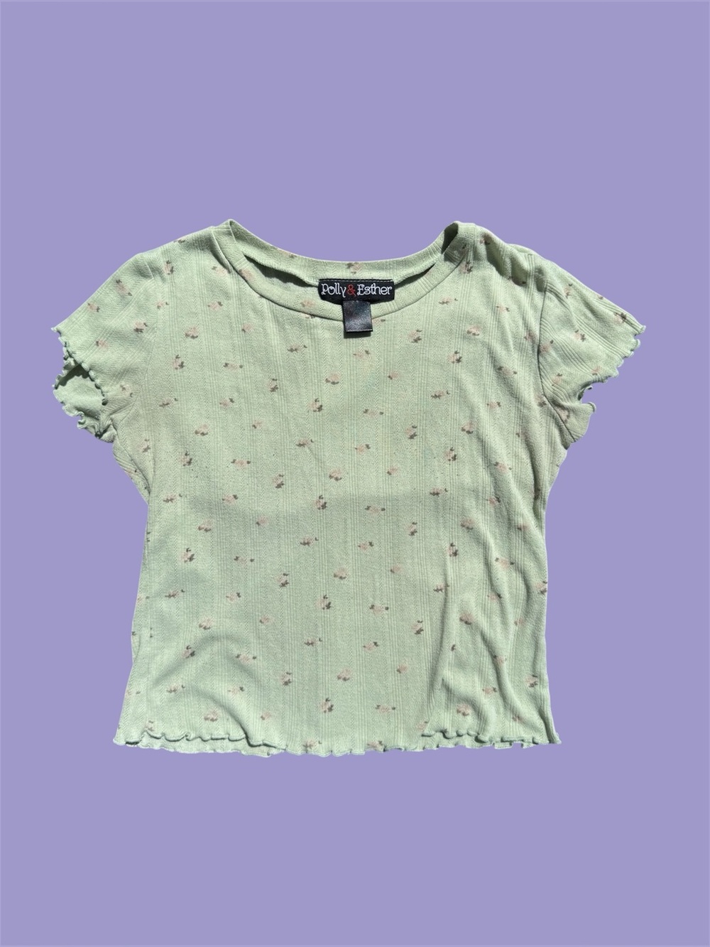 Vintage 90s Y2K Lettuce Hem Pointelle Lime Floral Baby Tee M/L